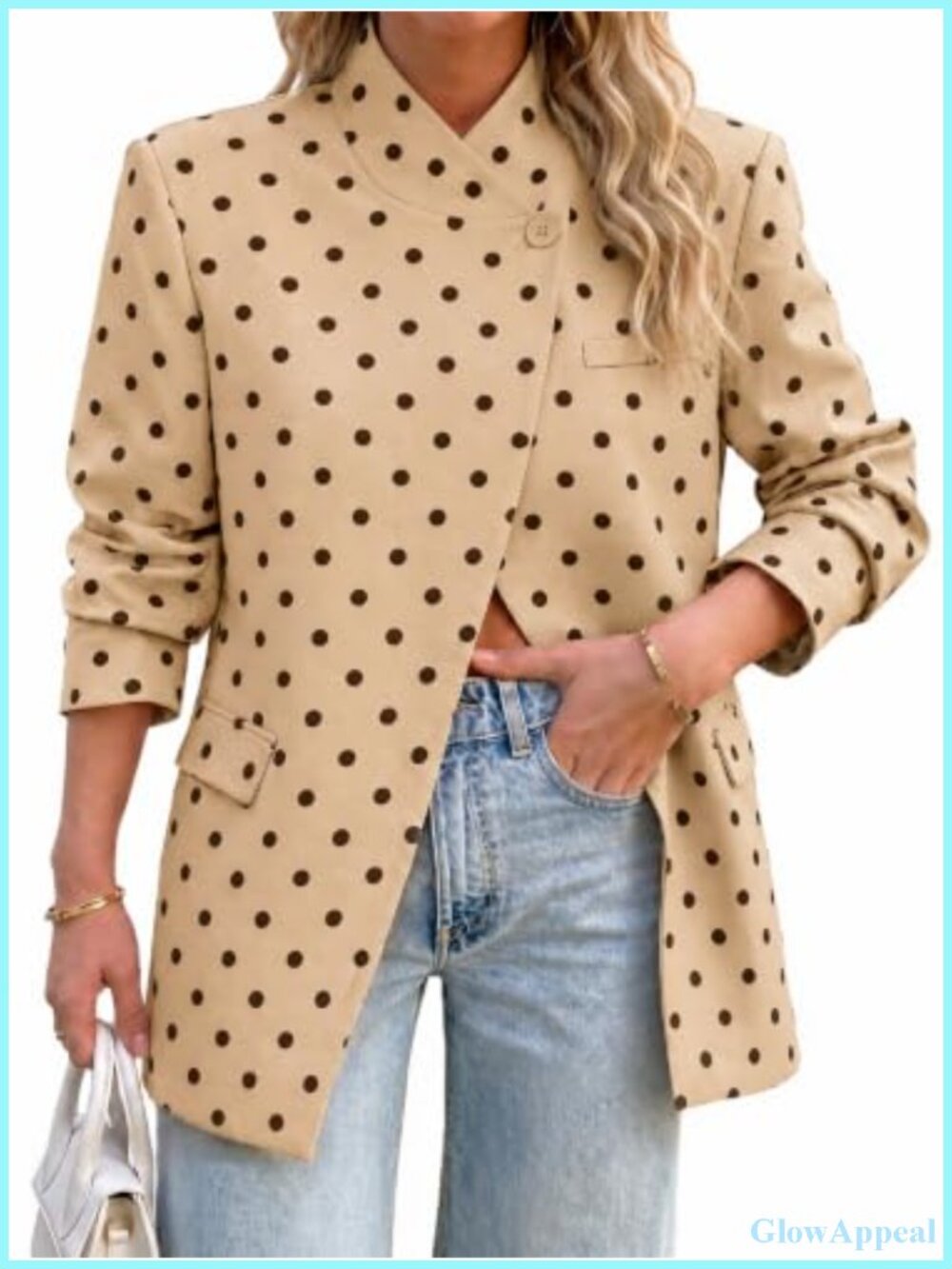Polka Dot Blazer Women's Business Casual Lightweight Jacket Stand Collar Long
